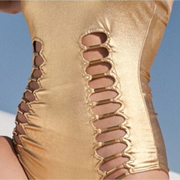 Metallic Gold Strapless with Front Detail One-Piece Swimsuit Sz S - Picture 5 of 6